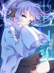  1girl blue_eyes ene_(kagerou_project) headphones kagerou_project long_hair purple_hair shigure_kio sleeves_past_wrists solo thigh-highs twintails 