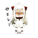  1girl :d ahoge as_(27273212) chibi horns kantai_collection long_hair looking_at_viewer mittens northern_ocean_hime open_mouth pale_skin silver_hair smile smirk solo translation_request yellow_eyes 
