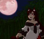  1girl animal_ears bamboo bamboo_forest bare_shoulders brown_hair dress fangs fingernails forest frilled_dress frilled_sleeves frills full_moon fur highres imaizumi_kagerou long_hair long_sleeves moon nature night open_mouth red_eyes red_fingernails sharp_fingernails tail touhou wolf_ears wolf_tail yamazaki_makoto_na 