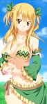  1girl absurdres bikini bikini_skirt blonde_hair blue_sky breasts brown_eyes cleavage clouds detached_sleeves fairy_tail grass hair_ribbon highres large_breasts long_hair looking_at_viewer lucy_heartfilia navel outdoors planeptune ribbon sky solo swimsuit twintails 