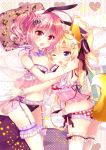  2girls :o ;d animal_ears babydoll blonde_hair blue_eyes bow bra breasts cleavage fox_ears fox_tail frilled_bra frilled_panties frills garter_belt garter_straps garters hair_bow hair_ornament hair_ribbon hug ichiyou_moka long_hair midriff multiple_girls navel one_eye_closed open_mouth original panties pink_eyes pink_hair plaid plaid_bra plaid_panties rabbit_ears ribbon side_ponytail smile tail underwear veil white_legwear 