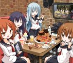  4girls ^_^ akatsuki_(kantai_collection) bendy_straw bird black_hair brown_eyes brown_hair cake camera cherry_blossoms closed_eyes cup doughnut drinking drinking_straw fang food fork hat hat_removed headwear_removed hibiki_(kantai_collection) highres ikazuchi_(kantai_collection) inazuma_(kantai_collection) kantai_collection karaoke loafers long_hair microphone mug multiple_girls neckerchief open_mouth pantyhose penguin phone pudding school_uniform serafuku shoes short_hair skirt smile spoon tachibana_yamato_(tathibana) translation_request 