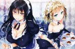  2girls absurdres black_bullet black_hair blonde_hair breasts cleavage clenched_hand clenched_teeth coffee highres hisashi_(nekoman) large_breasts long_hair maid_headdress multiple_girls tagme tendou_kisara tina_sprout tray violet_eyes 