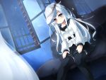  1girl aqua_eyes aqua_hair black_legwear black_skirt blouse couch flat_cap gengetsu_chihiro hammer_and_sickle hands_on_lap hat hibiki_(kantai_collection) highres kantai_collection long_sleeves looking_at_viewer night night_sky pleated_skirt sailor_collar sitting skirt sky smile solo thigh-highs verniy_(kantai_collection) white_hat 