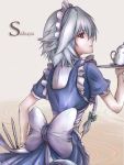  1girl apron back bow braid character_name cowboy_shot cup hacchi_(kyo-666) hair_bow holding izayoi_sakuya knife lips looking_back maid maid_apron maid_headdress plate red_eyes saucer short_hair silver_hair solo teacup teapot touhou 