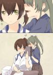  &gt;_&lt; 2girls 2koma absurdres blush book breath brown_eyes brown_hair closed_eyes comic green_hair highres japanese_clothes kaga_(kantai_collection) kantai_collection mirror_katanayoru multiple_girls side_ponytail silent_comic tasuki twintails wavy_mouth whispering zuikaku_(kantai_collection) 