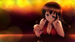  1girl blurry blush bokeh breasts brown_hair bust cherry chin_rest cleavage depth_of_field dress food fruit highres jewelry jk-ff light_particles long_hair martini_glass necklace original red_dress red_nails solo violet_eyes 