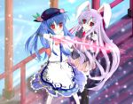  2girls animal_ears bad_proportions black_legwear blue_hair blush food fruit hat highres hinanawi_tenshi long_hair multiple_girls peach purple_hair rabbit_ears red_eyes reisen_udongein_inaba snowing sword_of_hisou thigh-highs touhou weapon 