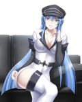  1girl akame_ga_kill! blue_eyes blue_hair boots breasts cleavage couch esdeath hat highres kyo-second large_breasts long_hair looking_at_viewer military military_uniform peaked_cap sitting smile solo thigh_boots thighhighs uniform very_long_hair white_background 