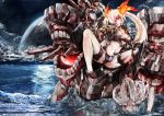  1girl absurdres barrel bikini cannon claws fiery_hair gauntlets glowing glowing_eye hair_over_one_eye highres jacket kantai_collection long_hair midriff moon ocean open_clothes open_jacket pale_skin poyan_noken red_eyes shinkaisei-kan silver_hair solo southern_ocean_war_oni swimsuit twintails water white_skin 