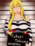  1girl alternate_costume bare_shoulders breasts character_name dated hair_over_breasts hair_over_shoulder hair_up head_tilt headwear_removed height_chart highres holding lactone large_breasts looking_at_viewer mugshot prison_clothes smile solo tank_top tongue tongue_out touhou yakumo_yukari yellow_eyes 
