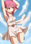  1girl :d armpits dress hands_up highres jewelry kurohachiboku looking_at_viewer magi_the_labyrinth_of_magic morgiana open_mouth pendant pink_hair red_eyes side_ponytail smile solo 