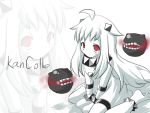  1girl ahoge bare_legs blush_stickers commentary_request gloves gomasamune horns kantai_collection long_hair looking_at_viewer mittens northern_ocean_hime red_eyes revision shinkaisei-kan sitting solo typo white_gloves white_hair white_skin zoom_layer 