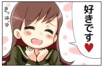  1girl ^_^ brown_hair clenched_hands close-up closed_eyes engiyoshi kantai_collection long_hair looking_at_viewer ooi_(kantai_collection) open_mouth school_uniform serafuku smile solo translation_request 