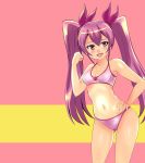  1girl akame_ga_kill! angel_pena_(angelox) blush contrapposto hair_ribbon hand_on_hip highres long_hair mine_(akame_ga_kill!) panties pink_eyes pink_hair ribbon small_breasts solo standing training_bra twintails underwear underwear_only 