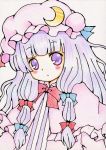  1girl bowtie colored_pencil_(medium) crescent expressionless highres long_hair meme-tan_(bana_nan26) mob_cap patchouli_knowledge purple_hair tied_hair touhou traditional_media violet_eyes 