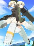  2girls asoka back-to-back blonde_hair blue_eyes brown_hair erica_hartmann glasses gun holding_hands military military_uniform multicolored_hair multiple_girls no_pants open_mouth panties rocket_launcher short_hair siblings sisters strike_witches striker_unit twins two-tone_hair underwear uniform ursula_hartmann weapon weapon_request 