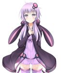  1girl ahoge animal_ears animal_hood blush bunny_hood coat cowboy_shot dress frilled_dress frills hair_ornament hand_on_own_chest hood hood_down kuroganeruto looking_at_viewer low_twintails open_clothes open_coat purple_dress purple_hair rabbit_ears ribbed_dress ribbed_sweater simple_background solo sweater thigh-highs twintails vocaloid white_background yuzuki_yukari zettai_ryouiki 
