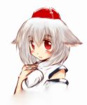  1girl animal_ears bare_shoulders blush breasts bust detached_sleeves hand_on_own_chest hat inubashiri_momiji looking_at_viewer natui open_mouth pom_pom_(clothes) red_eyes short_hair silver_hair simple_background solo tokin_hat touhou white_background wolf_ears 