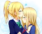  2girls ayase_arisa ayase_eli blonde_hair blush closed_eyes forehead_kiss karamoneeze kiss long_hair love_live!_school_idol_project multiple_girls ponytail school_uniform siblings sisters yuri 