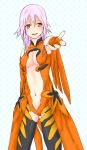  1girl bare_shoulders black_legwear breasts center_opening cleavage detached_sleeves elbow_gloves fingerless_gloves gloves guilty_crown hair_ornament hairclip highres long_hair looking_at_viewer navel open_mouth outstretched_arms pink_hair red_eyes solo twintails yuzuriha_inori 