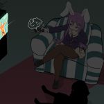  2girls animal_ears chair cigarette controller crossed_legs dark_room kokoyashi multiple_girls purple_hair rabbit_ears reisen_udongein_inaba remote_control smoking television touhou 