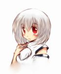 1girl bare_shoulders blush breasts bust detached_sleeves humanization inubashiri_momiji looking_at_viewer natui no_hat open_mouth pom_pom_(clothes) red_eyes short_hair silver_hair simple_background solo touhou white_background 