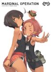  2girls absurdres bangs brown_eyes brown_hair explosive flat_chest freckles green_eyes grenade grenade_pin grin hair_between_eyes hair_bobbles hair_ornament highres looking_at_viewer marginal_operation multiple_girls parted_bangs pink_hair school_swimsuit shizuma_yoshinori short_hair simple_background small_breasts smile swimsuit v white_background wink wristband 
