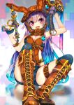  1girl :d belt boots breasts cleavage copyright_request gas_mask gradient_hair gun handgun headgear holding long_hair looking_at_viewer multicolored_hair nekoboshi_sakko open_mouth purple_hair red_eyes shorts sitting smile solo weapon 