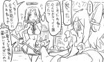  2girls comic dress eyepatch fingerless_gloves glaive gloves headgear kantai_collection long_sleeves mechanical_halo monochrome multiple_girls open_mouth pointing short_hair sweat tatsuta_(kantai_collection) tenryuu_(kantai_collection) tonda translation_request 