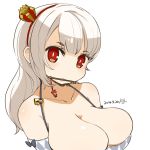  1girl breasts cleavage crown dated hairband key large_breasts lock long_hair looking_at_viewer mini_crown mota mouth_hold original red_eyes simple_background solo white_background white_hair 