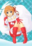  1girl :d blue_eyes boots bow brown_hair colored elbow_gloves eyebrows gloves hair_bow hair_ribbon highres looking_at_viewer o_daizen open_mouth orange_hair original reaching ribbon santa_costume short_hair smile solo thick_eyebrows 