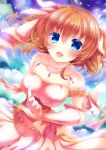  1girl :d ayasia bare_shoulders blue_eyes blush brown_hair clouds dress gloves hair_ribbon highres jewelry necklace open_mouth ribbon short_hair sky smile solo twintails 