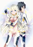  1boy 1girl back-to-back blue_eyes bodysuit breasts clenched_hand copyright_request gochou_(atemonai_heya) grin hand_on_hip long_hair looking_at_another official_art original silver_hair smile 