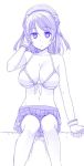  1girl bikini_top breasts double_bun gloves hat himura_kiseki kantai_collection looking_at_viewer monochrome skirt sweat urakaze_(kantai_collection) white_gloves 