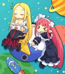  &gt;_&lt; 2girls aqua_background bare_shoulders black_dress blonde_hair bow capelet closed_eyes disgaea dress frills hair_bow hairband healer_(disgaea) long_hair mage_(disgaea) mizuno_mumomo multiple_girls pink_hair planet pointy_ears prinny saturn shoes sitting space_craft strapless_dress tears 