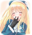  1girl :d ^_^ ascot atago_(kantai_collection) beret black_gloves blonde_hair blue_dress blush bust closed_eyes dress facing_viewer finger_to_mouth frilled_sleeves frills gloves hat kantai_collection kazushima long_hair long_sleeves looking_at_viewer military military_uniform open_mouth smile uniform 