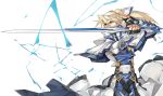  blonde_hair blue_eyes electricity fingerless_gloves gloves guilty_gear guilty_gear_xrd highres ky_kiske long_hair min_(minyinr) ponytail solo sword tagme weapon white_background 