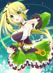  1girl :d armpits blonde_hair breasts cleavage clenched_hand detached_sleeves elsword frills green_eyes hair_ornament hair_ribbon highres hoshi_(snacherubi) long_hair looking_at_viewer open_mouth ribbon side_ponytail smile solo 