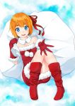  1girl :d blue_eyes boots bow brown_hair colored derivative_work elbow_gloves eyebrows gloves hair_bow hair_ribbon highres looking_at_viewer o_daizen open_mouth orange_hair original reaching ribbon santa_costume short_hair smile solo thick_eyebrows 