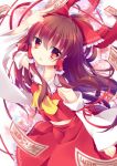  1girl :d ascot blurry bow brown_eyes brown_hair depth_of_field detached_sleeves hair_bow hair_ribbon hair_tubes hakurei_reimu holding hoshi_(snacherubi) looking_at_viewer ofuda open_mouth parted_lips ribbon smile solo touhou 