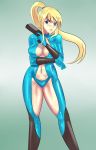  1girl absurdres adapted_costume angel_pena_(angelox) blonde_hair blue_eyes blush bodysuit breasts cleavage gun handgun highres long_hair metroid navel pistol ponytail samus_aran sideboob solo weapon zero_suit 