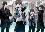  1boy 3girls black_hair brown_hair dominator_(gun) formal ginoza_nobuchika kunizuka_yayoi kuso_bba long_hair multiple_girls necktie psycho-pass rain shimotsuki_mika short_hair suit tsunemori_akane 