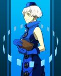  1girl bare_shoulders book dress elizabeth_(persona) gloves hat persona persona_3 persona_4:_the_ultimate_in_mayonaka_arena persona_4:_the_ultimax_ultra_suplex_hold sami_(object_dump) short_hair sleeveless smile solo white_hair yellow_eyes 