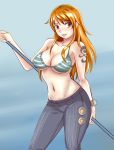  1girl absurdres angel_pena_(angelox) bikini_top breasts brown_eyes cleavage contrapposto denim highres jeans large_breasts long_hair nami navel one_piece orange_hair pants polearm smile solo staff tattoo weapon 