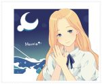  1girl aco_(brcl97) blonde_hair blue_eyes character_name hands_together marnie moon ocean omoide_no_marnie puffy_sleeves short_sleeves smile solo water 