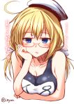  1girl ahoge blonde_hair blue_eyes blush book breasts glasses hat i-8_(kantai_collection) kantai_collection large_breasts long_hair looking_at_viewer one-piece_swimsuit red-framed_glasses school_swimsuit sketch swimsuit translated yua_(checkmate) 
