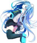  1girl blue_eyes blue_hair boots detached_sleeves hatsune_miku kneeling long_hair open_mouth panties simple_background skirt sogawa66 solo striped striped_panties thigh-highs thigh_boots twintails underwear very_long_hair vocaloid white_background 