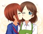  2girls blue_eyes blush brown_hair closed_eyes honoka&#039;s_mother_(love_live!) karamoneeze kiss kousaka_yukiho love_live!_school_idol_project mother_and_daughter multiple_girls school_uniform short_hair wink 