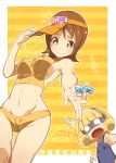  2girls bikini breast_envy brown_eyes brown_hair candy hairband happinesscharge_precure! kise_yayoi long_hair multiple_girls oomori_yuuko precure school_swimsuit short_hair smile smile_precure! swimsuit visor_cap yellow_eyes yuuzii 